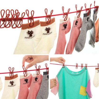 Portable 12 Clip Drying Rope Elastic Clothes Clip